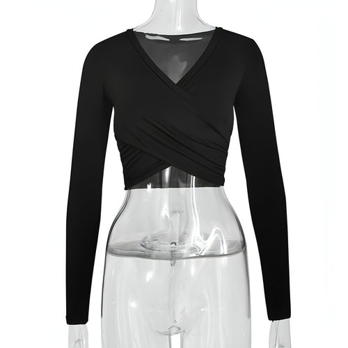 Women's Clothing Cross V-neck Stitching Slim-fit Long-sleeved