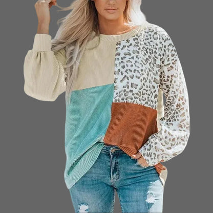 Leopard Patchwork Color Block Ribbed Long Sleeve Top